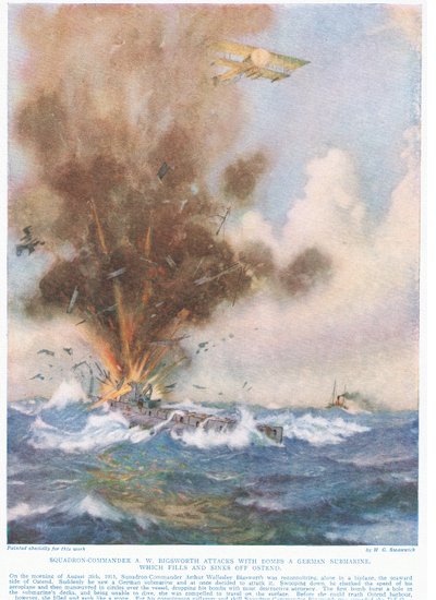 Squadron-Commander A.W. Bigsworth attacks with bombs a German submarine, which fills with water and sinks off Ostend, illustration from 